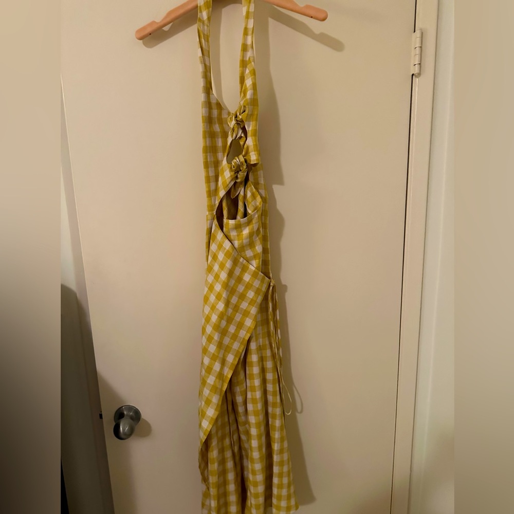 Reformation yellow gingham wrap around midi dress, size S